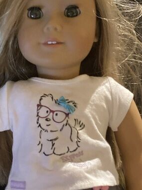 American Girl White T-Shirt with Puppy Graphic and Blue Bow